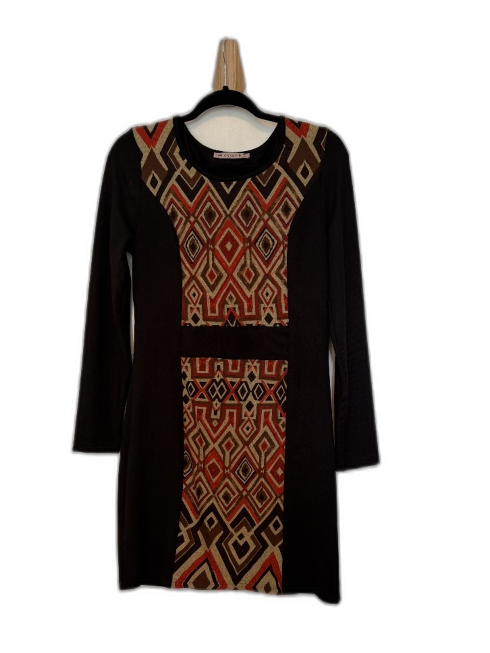 Black Long-Sleeve Dress with Rust & Tan Geometric Front Panel